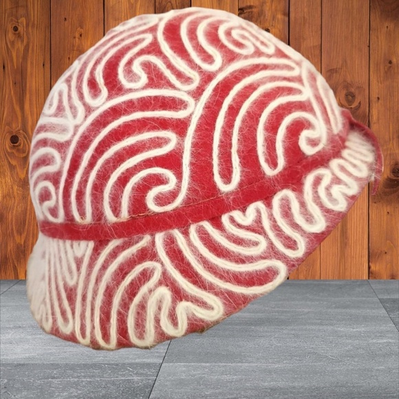 VINTAGE Wool Angora Bucket Hat Gatsby Flapper Costume Grandma Core Red Embroider - Picture 7 of 16